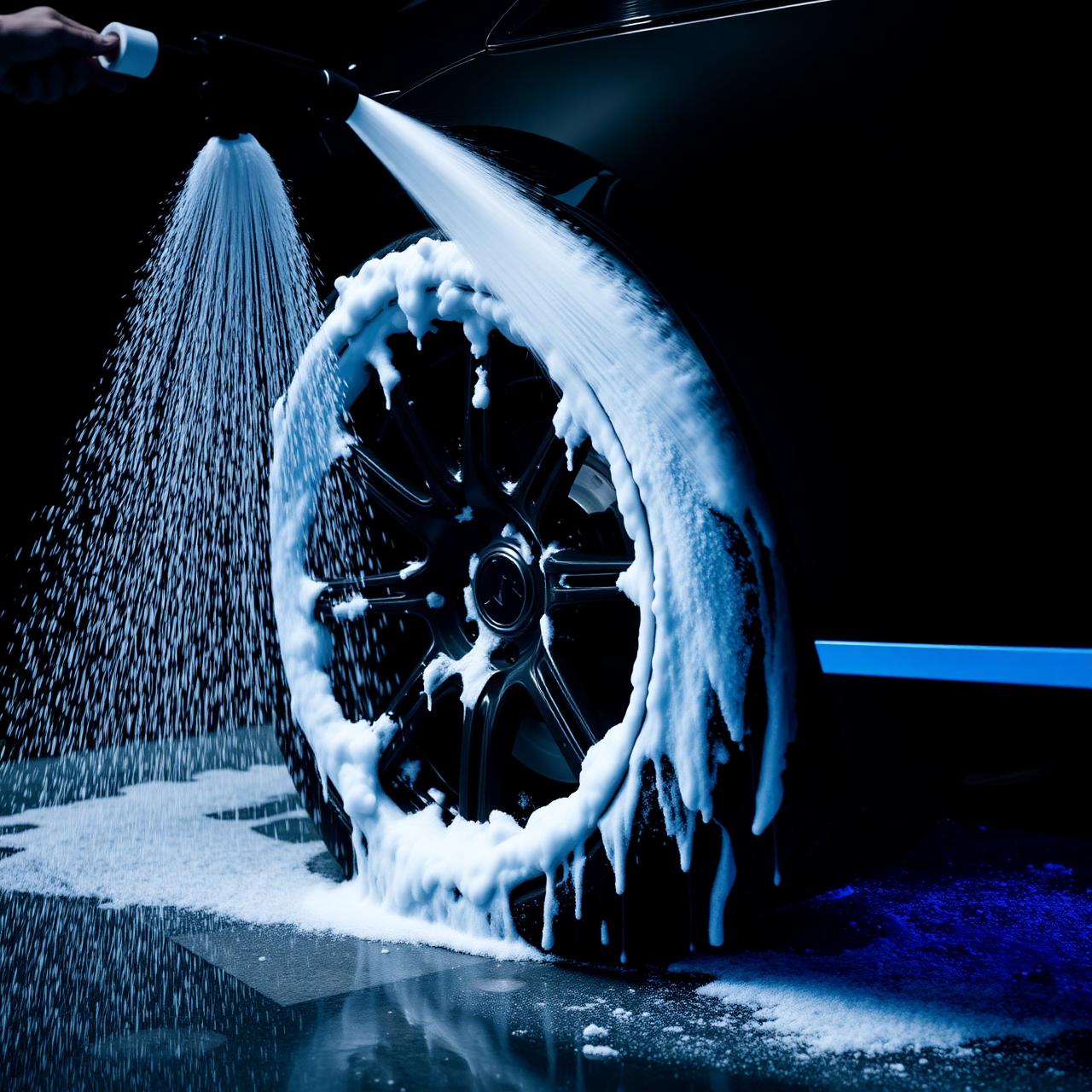 Pressure washing luxury car wheel with foam